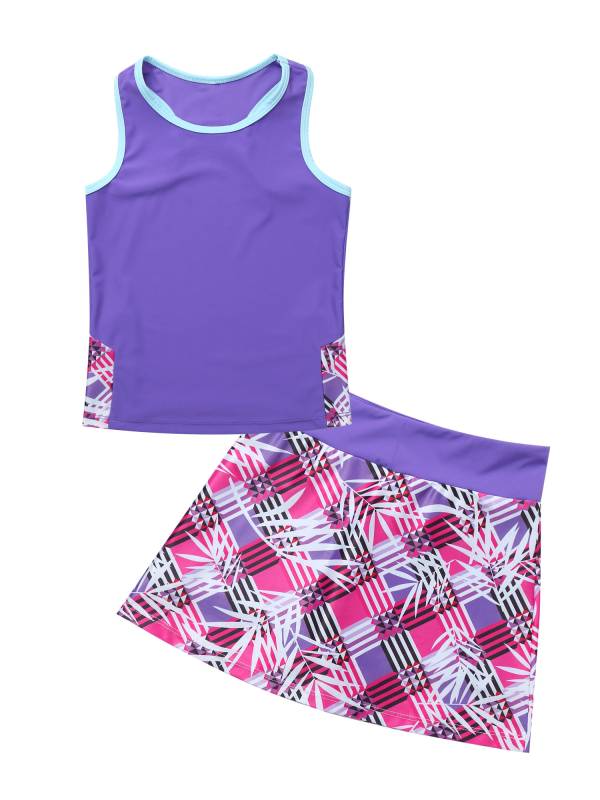 Kids Girls 2Pcs Sleeveless Top & Skirt with Built-in Shorts Sport Set thumb