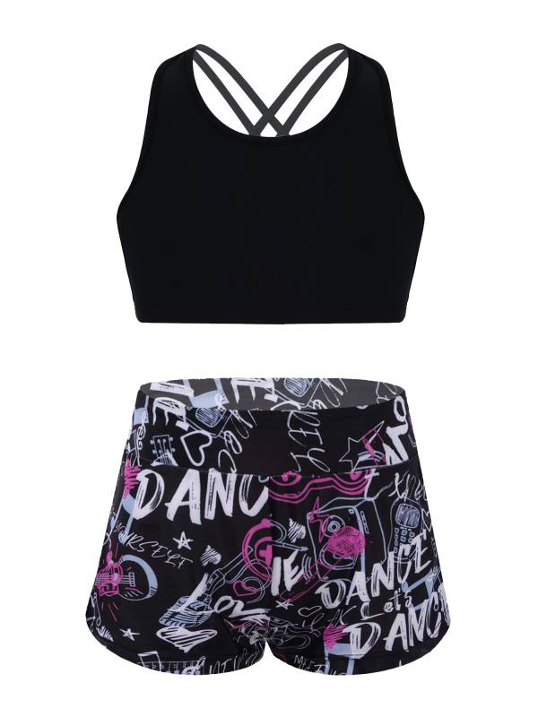 Kids Girls 2pcs Scoop Neck Straps Criss Cross Crop Top and Shorts Sports Set thumb