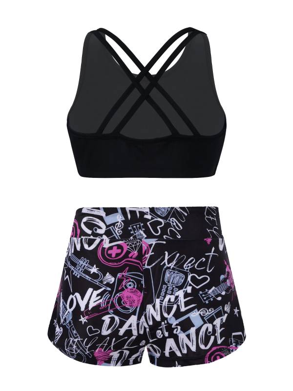 Kids Girls 2pcs Scoop Neck Straps Criss Cross Crop Top and Shorts Sports Set thumb