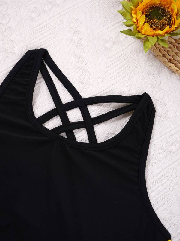 Kids Girls 2pcs Scoop Neck Straps Criss Cross Crop Top and Shorts Sports Set thumb