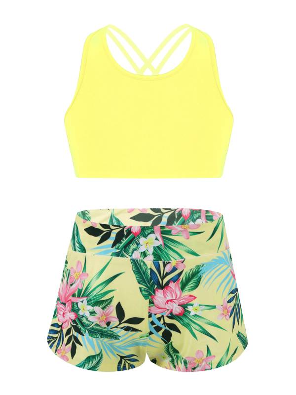 Kids Girls 2pcs Scoop Neck Straps Criss Cross Crop Top and Shorts Sports Set thumb