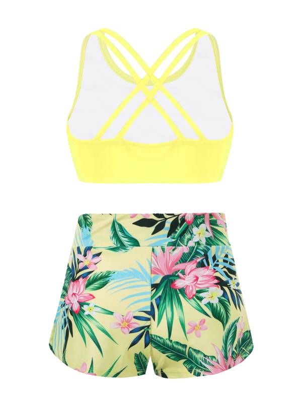 Kids Girls 2pcs Scoop Neck Straps Criss Cross Crop Top and Shorts Sports Set thumb