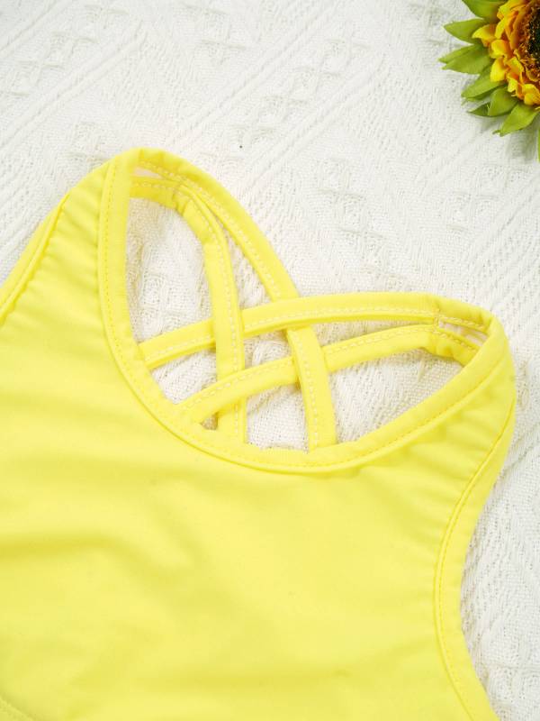 Kids Girls 2pcs Scoop Neck Straps Criss Cross Crop Top and Shorts Sports Set thumb