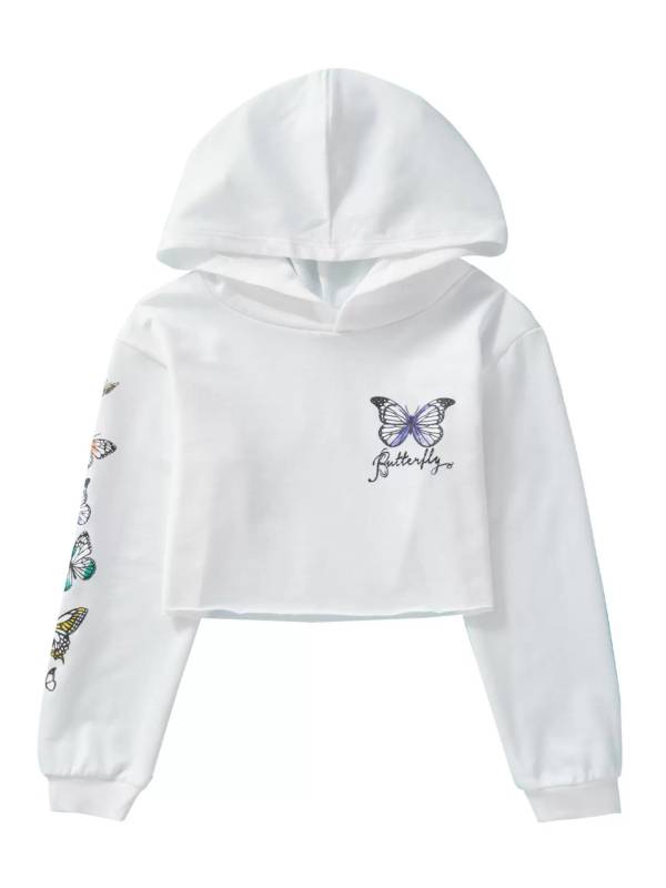 Kids Girls Long Sleeves Butterfly Print Cropped Hoodies thumb