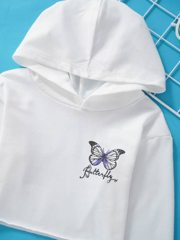 Kids Girls Long Sleeves Butterfly Print Cropped Hoodies thumb