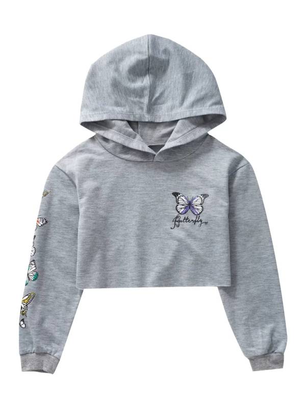 Kids Girls Long Sleeves Butterfly Print Cropped Hoodies thumb