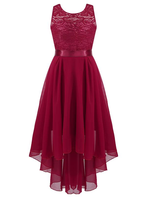 Kids Girls Sleeveless Lace Floral High-Low Chiffon Dress thumb