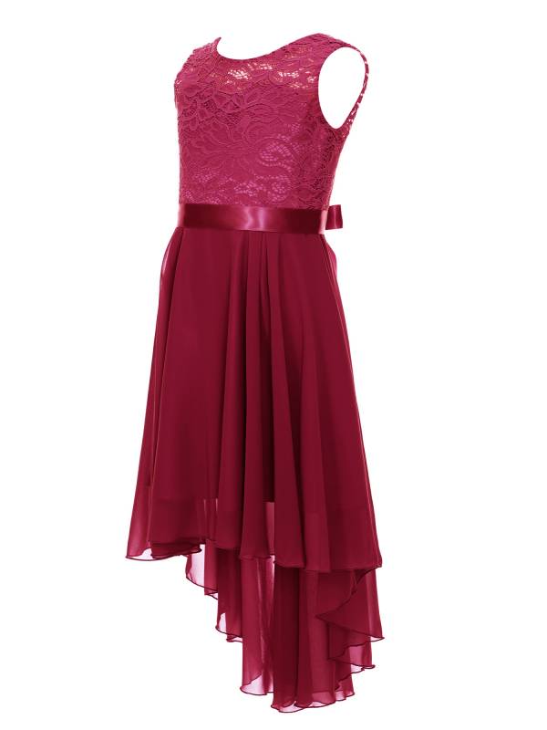 Kids Girls Sleeveless Lace Floral High-Low Chiffon Dress thumb