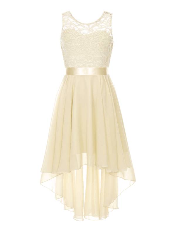 Kids Girls Sleeveless Lace Floral High-Low Chiffon Dress thumb