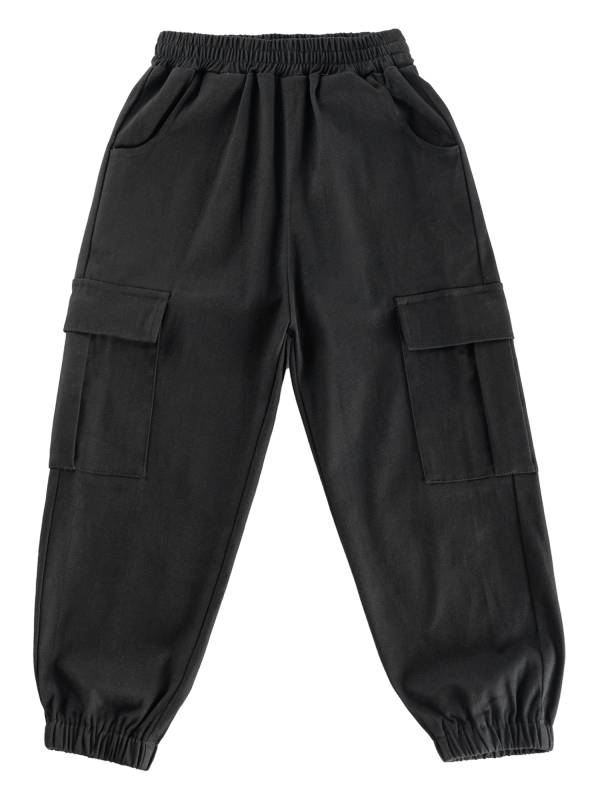 Kids Boys Solid Color Cotton Elastic Waistband Pockets Dungarees Pants thumb