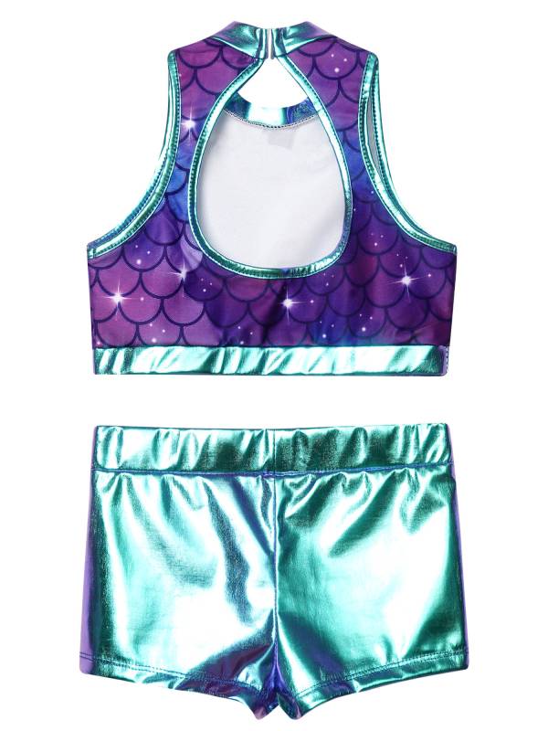 Kids Girls 2pcs Sequins Sleeveless Crop Top and Shorts Set for Jazz Dance thumb
