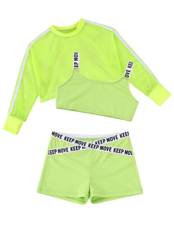 Kids Girls 3pcs Crop Vest with Cover Up and Shorts Gym Sport Set thumb