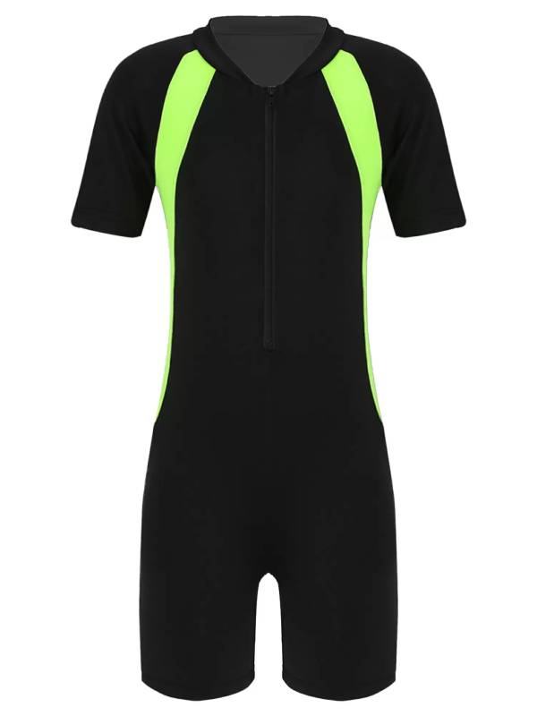 Kids Girls One-piece Rash Guard Short Sleeves Zippered Swimsuit thumb