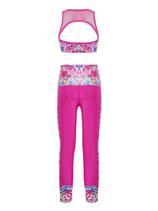 Kids Girls 2pcs Sleeveless Mesh Racer Back Crop Top and Leggings Sports Set thumb