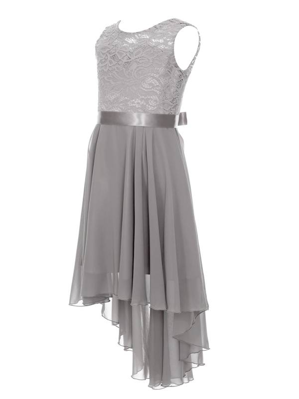 Kids Girls Sleeveless Lace Floral High-Low Chiffon Dress thumb