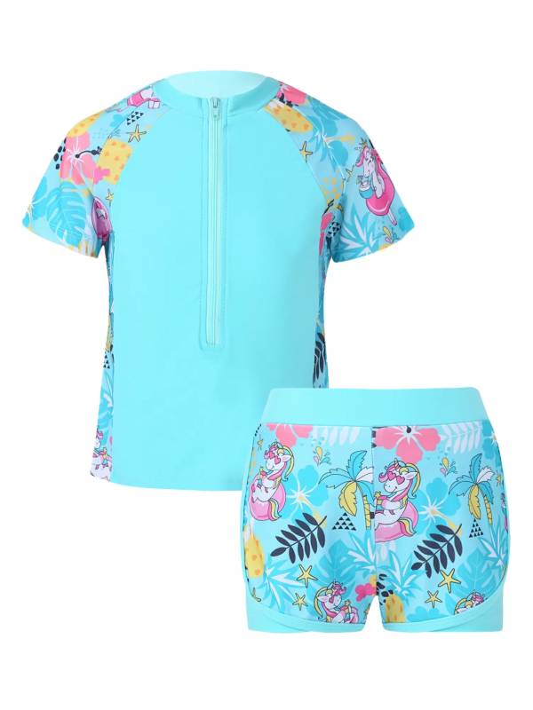 Kids Girls 2Pcs Short Sleeves Rash Guard and Shorts Swimsuit Set thumb