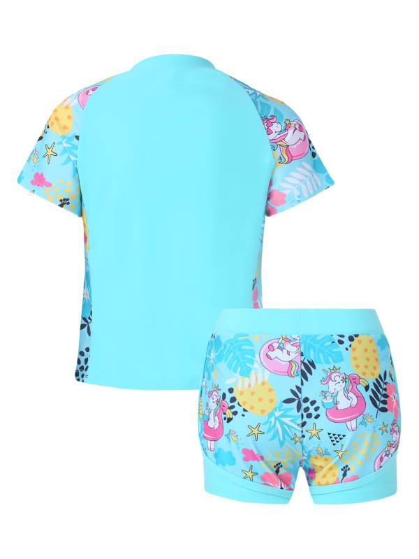 Kids Girls 2Pcs Short Sleeves Rash Guard and Shorts Swimsuit Set thumb