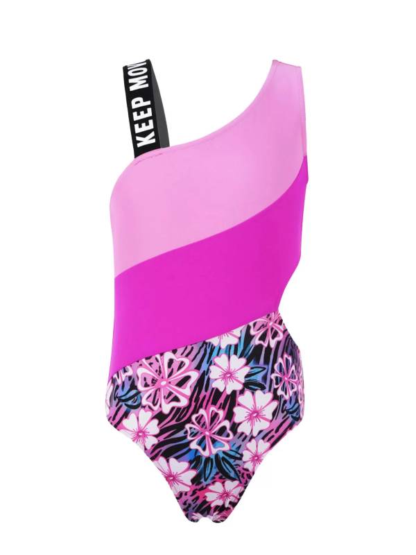 Kids Girls Color Block Floral Print One-Piece Swimsuit thumb