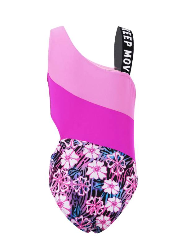 Kids Girls Color Block Floral Print One-Piece Swimsuit thumb