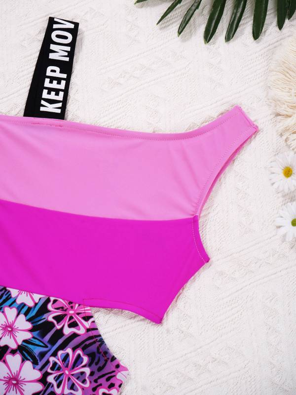 Kids Girls Color Block Floral Print One-Piece Swimsuit thumb