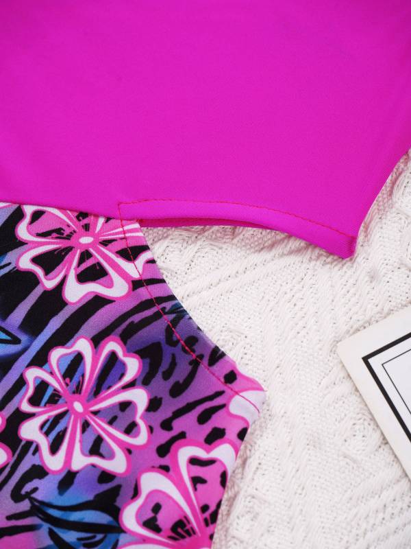 Kids Girls Color Block Floral Print One-Piece Swimsuit thumb
