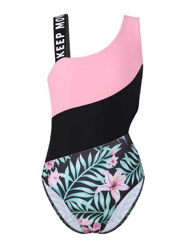 Kids Girls Color Block Floral Print One-Piece Swimsuit thumb