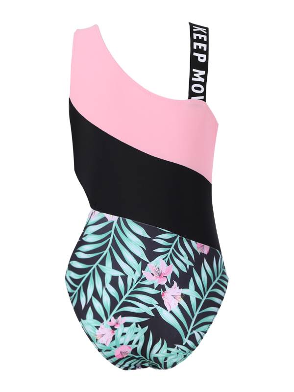Kids Girls Color Block Floral Print One-Piece Swimsuit thumb