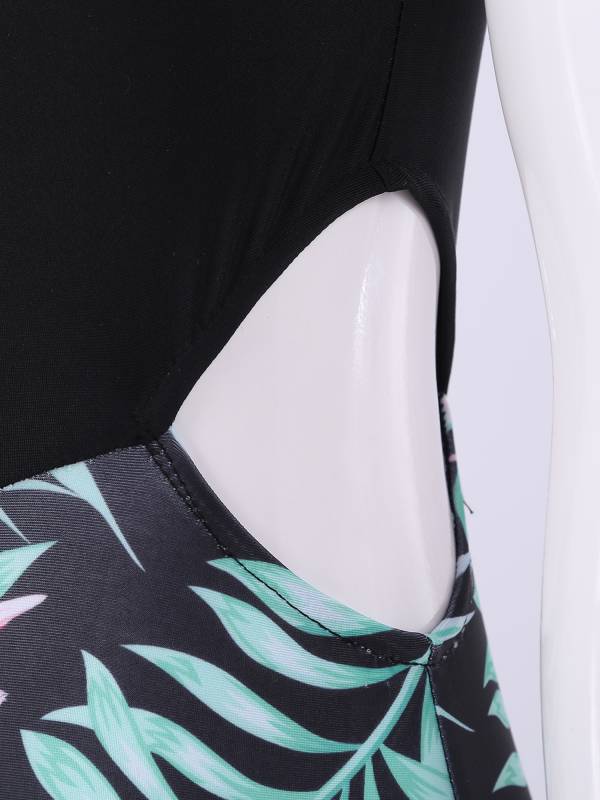 Kids Girls Color Block Floral Print One-Piece Swimsuit thumb