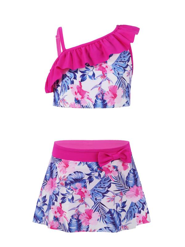 Kids Girls 3pcs One Shoulder Ruffle Top with Skirt and Briefs Swim Set thumb