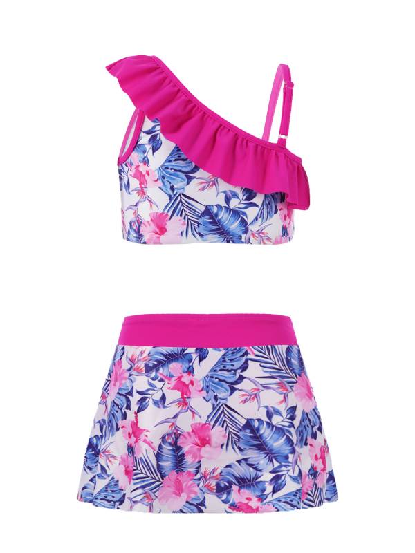 Kids Girls 3pcs One Shoulder Ruffle Top with Skirt and Briefs Swim Set thumb