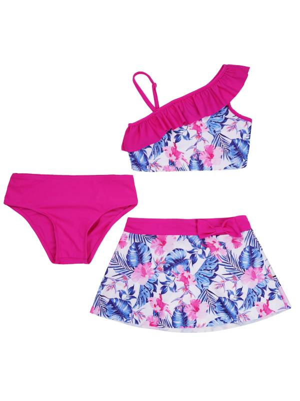 Kids Girls 3pcs One Shoulder Ruffle Top with Skirt and Briefs Swim Set thumb