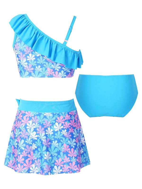 Kids Girls 3pcs One Shoulder Ruffle Top with Skirt and Briefs Swim Set thumb