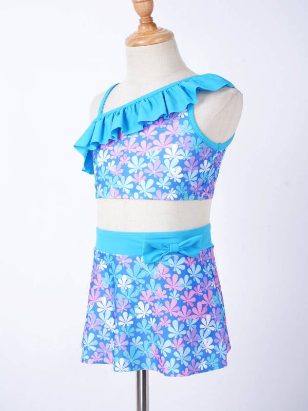 Kids Girls 3pcs One Shoulder Ruffle Top with Skirt and Briefs Swim Set thumb