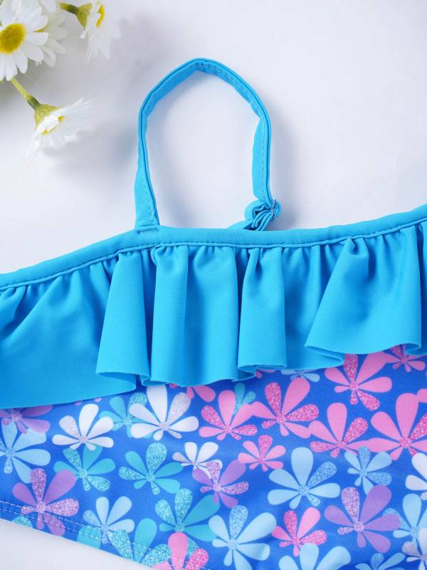 Kids Girls 3pcs One Shoulder Ruffle Top with Skirt and Briefs Swim Set thumb