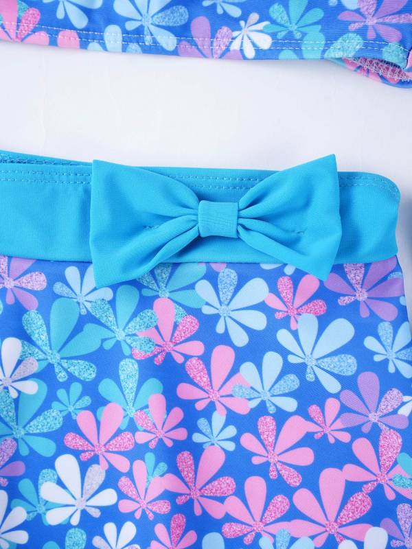 Kids Girls 3pcs One Shoulder Ruffle Top with Skirt and Briefs Swim Set thumb