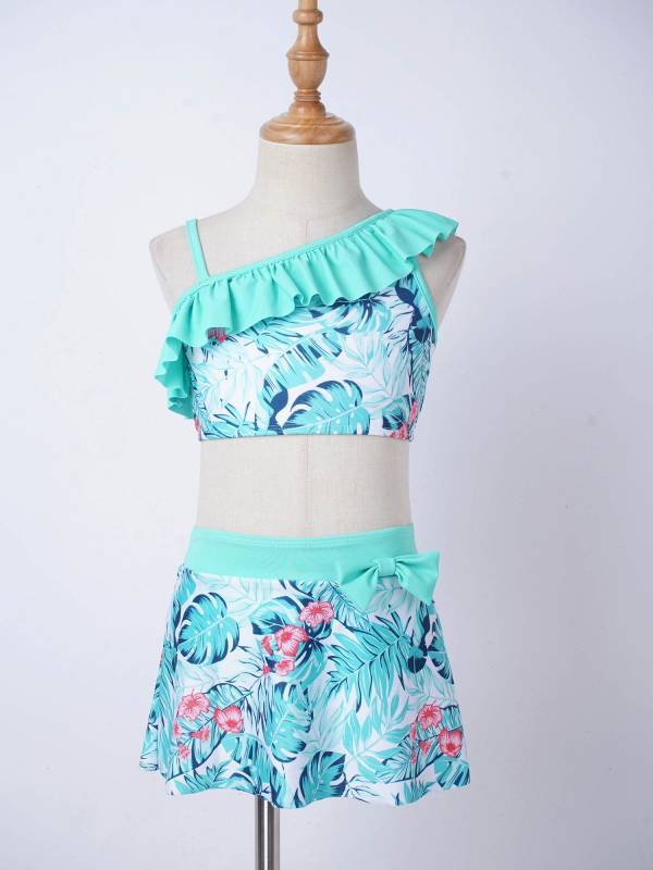 Kids Girls 3pcs One Shoulder Ruffle Top with Skirt and Briefs Swim Set thumb