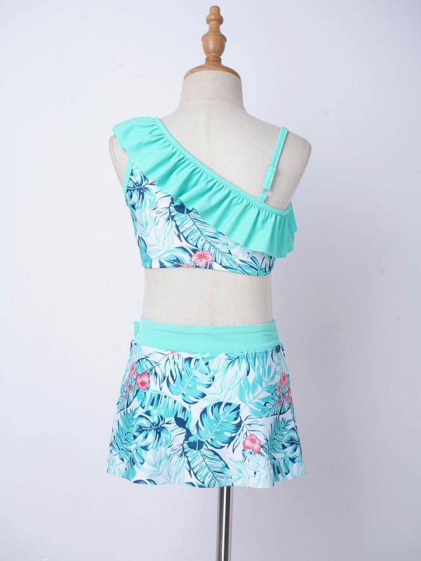 Kids Girls 3pcs One Shoulder Ruffle Top with Skirt and Briefs Swim Set thumb