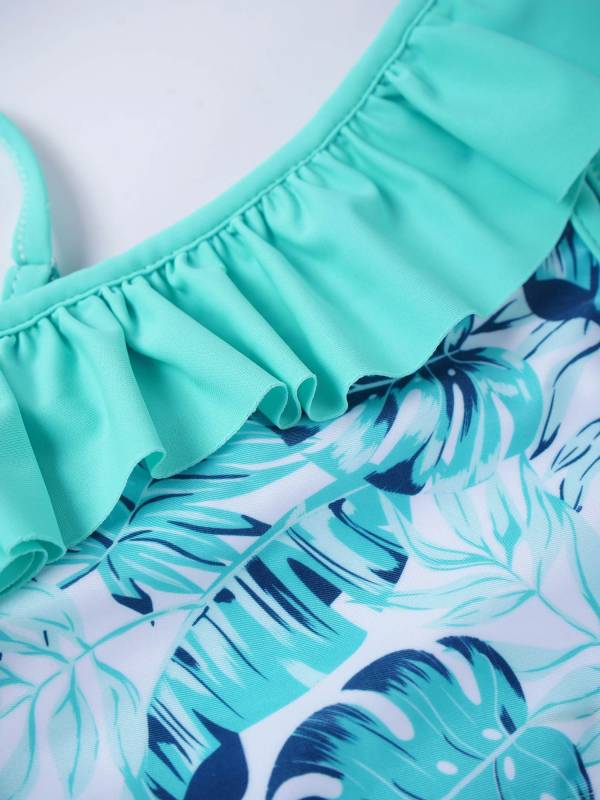 Kids Girls 3pcs One Shoulder Ruffle Top with Skirt and Briefs Swim Set thumb