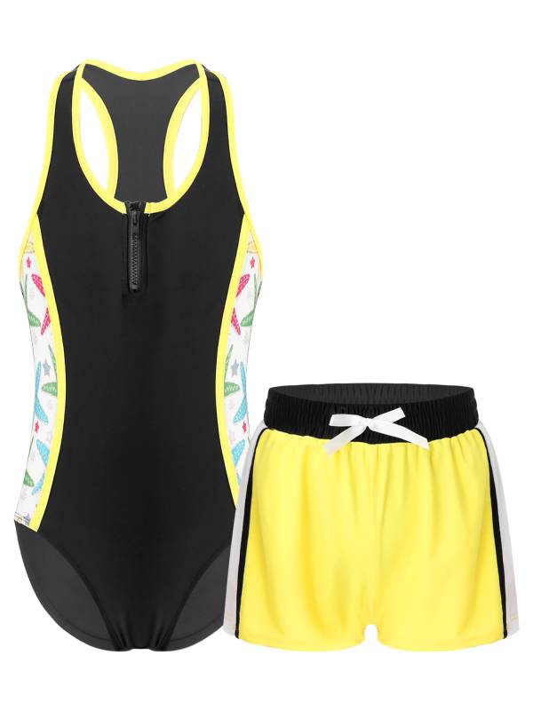 Kids Girls 2pcs Sleeveless Bodysuit and Boyshorts Swimsuit Set thumb