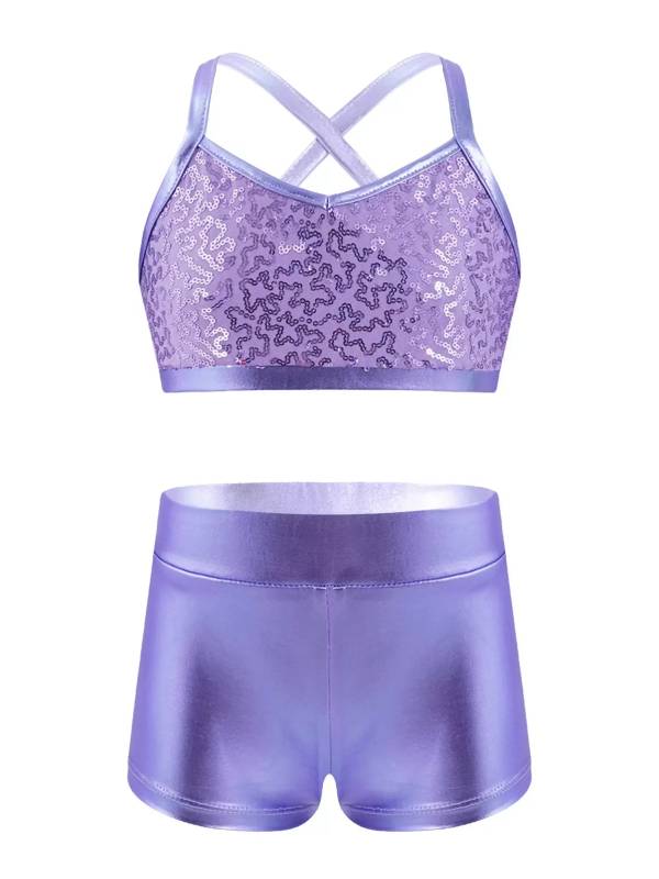 Kids Girls 2pcs Sequins Tank Top and Shorts Jazz Dance Sets thumb