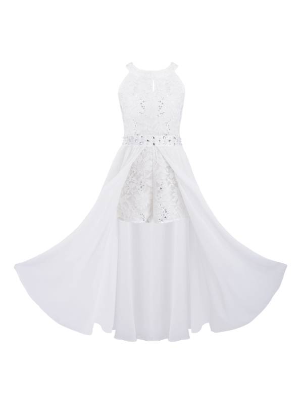 Girls Sleeveless Floral Lace Maxi Romper Prom Dress thumb