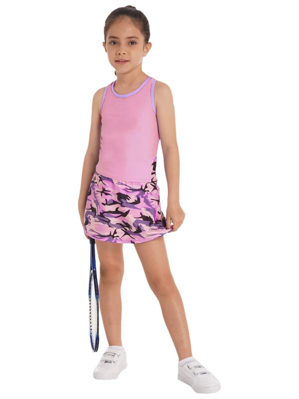 Kids Girls 2Pcs Sleeveless Top & Skirt with Built-in Shorts Sport Set thumb
