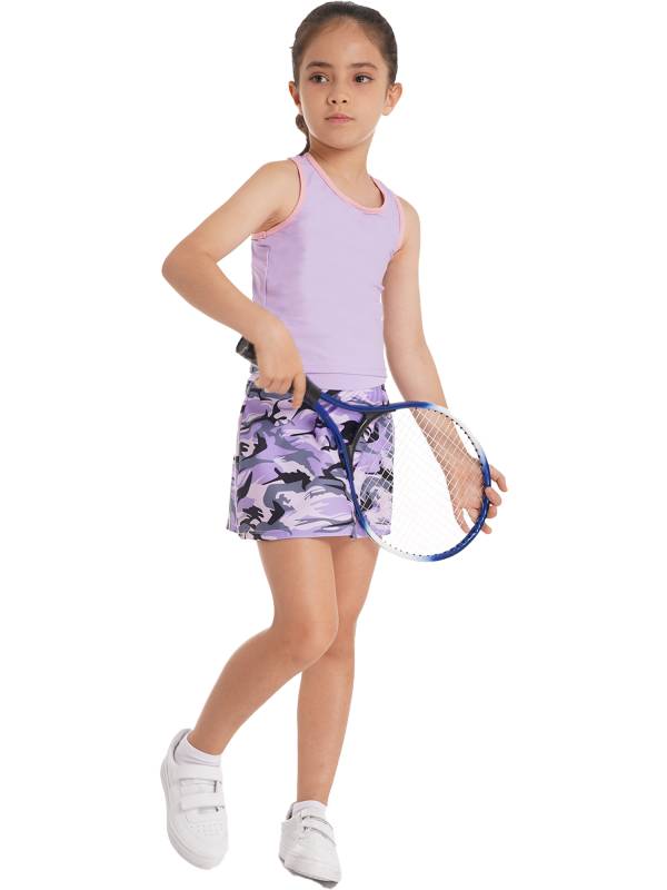 Kids Girls 2Pcs Sleeveless Top & Skirt with Built-in Shorts Sport Set thumb