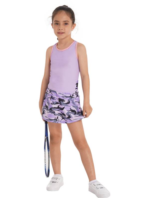 Kids Girls 2Pcs Sleeveless Top & Skirt with Built-in Shorts Sport Set thumb
