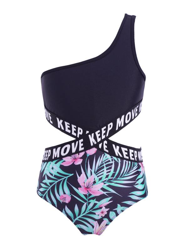 Kids Girls Letter Print Hollow Out One-piece Swimsuit thumb