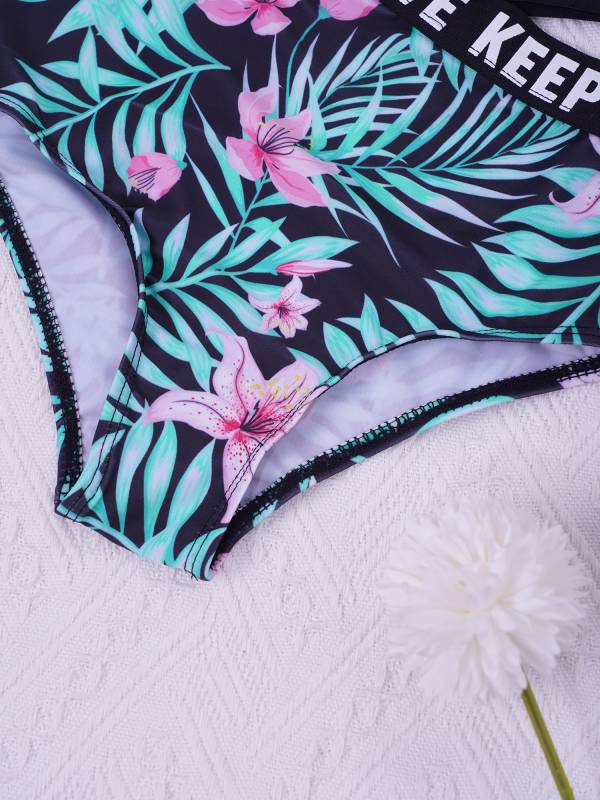 Kids Girls Letter Print Hollow Out One-piece Swimsuit thumb