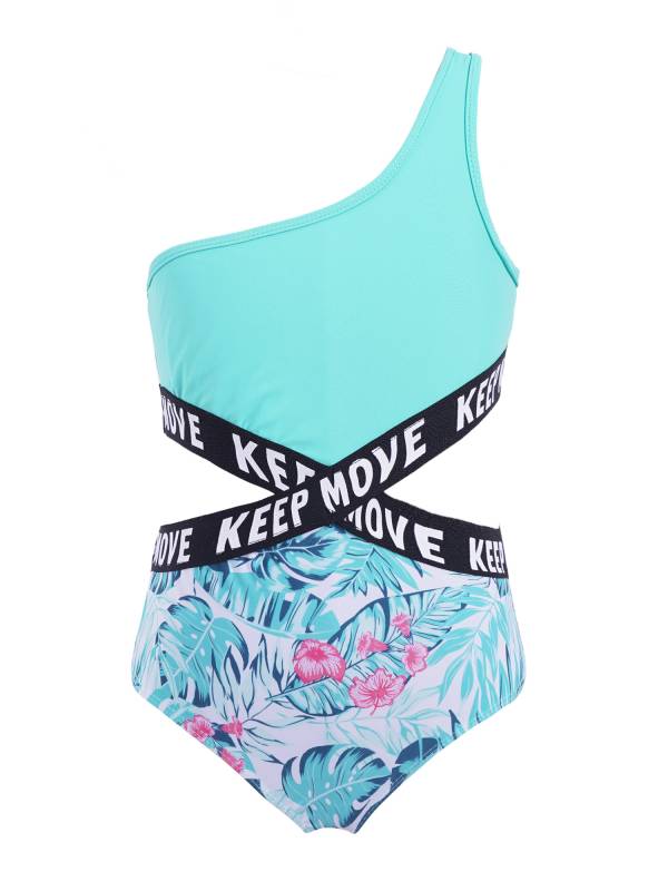 Kids Girls Letter Print Hollow Out One-piece Swimsuit thumb