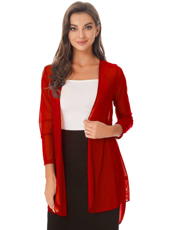 Women 3/4 Sleeve Chiffon Plus Size Cardigan High-Low Long Shrug thumb