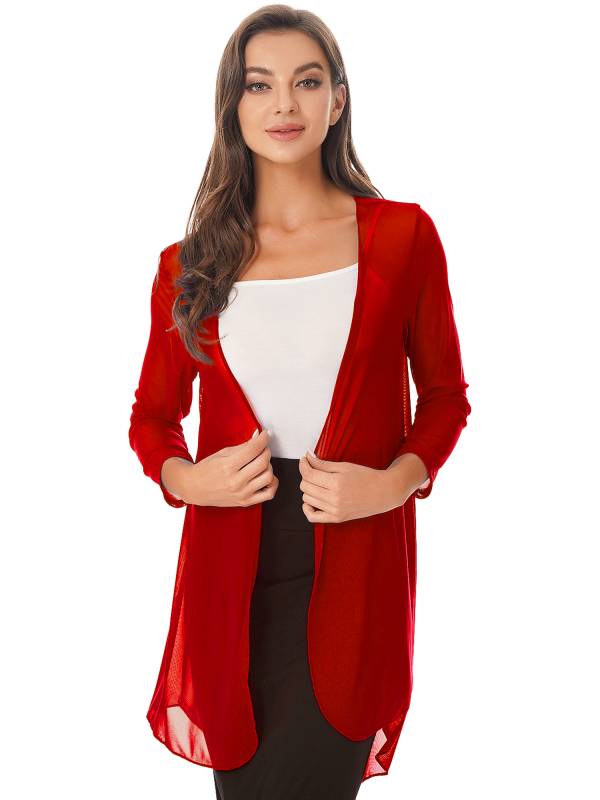 Women 3/4 Sleeve Chiffon Plus Size Cardigan High-Low Long Shrug thumb