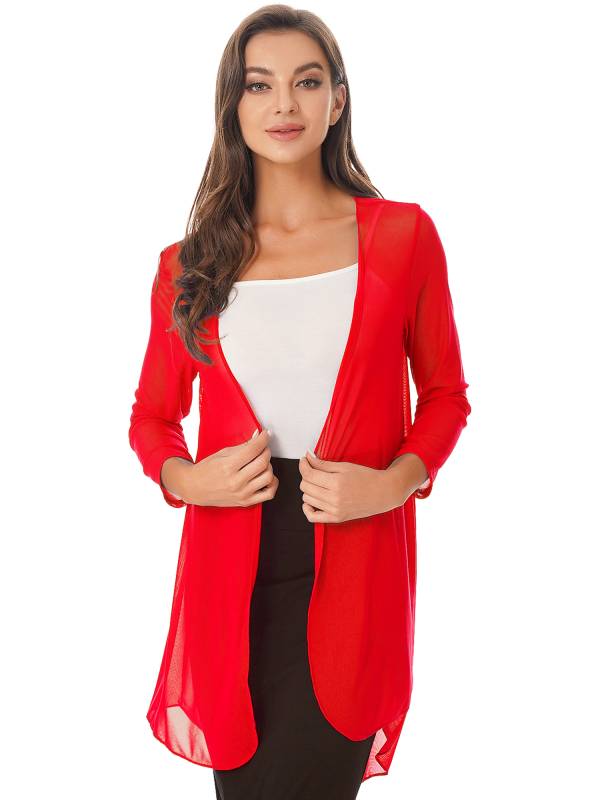 Women 3/4 Sleeve Chiffon Plus Size Cardigan High-Low Long Shrug thumb
